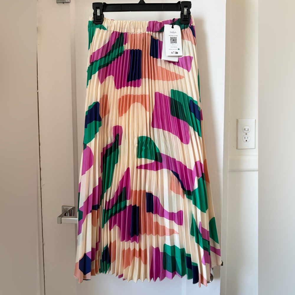 Ba&sh Pleated Multi-Color Midi Skirt Gloria - Cream with Pink, Green and navy